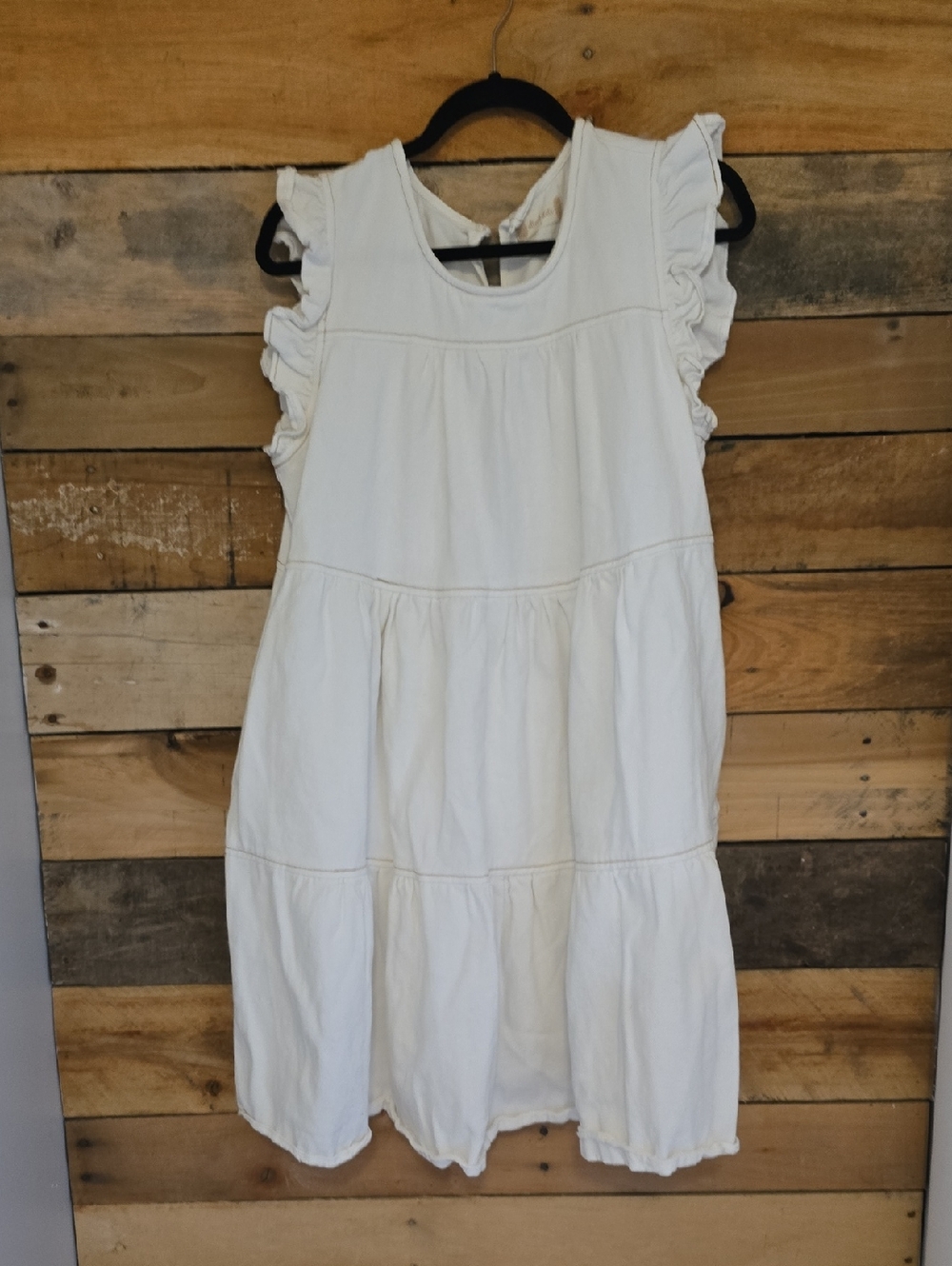 Altar'd State Cream Denim Ruffle Sleeve Tiered Dress, Size L, Fair Condition